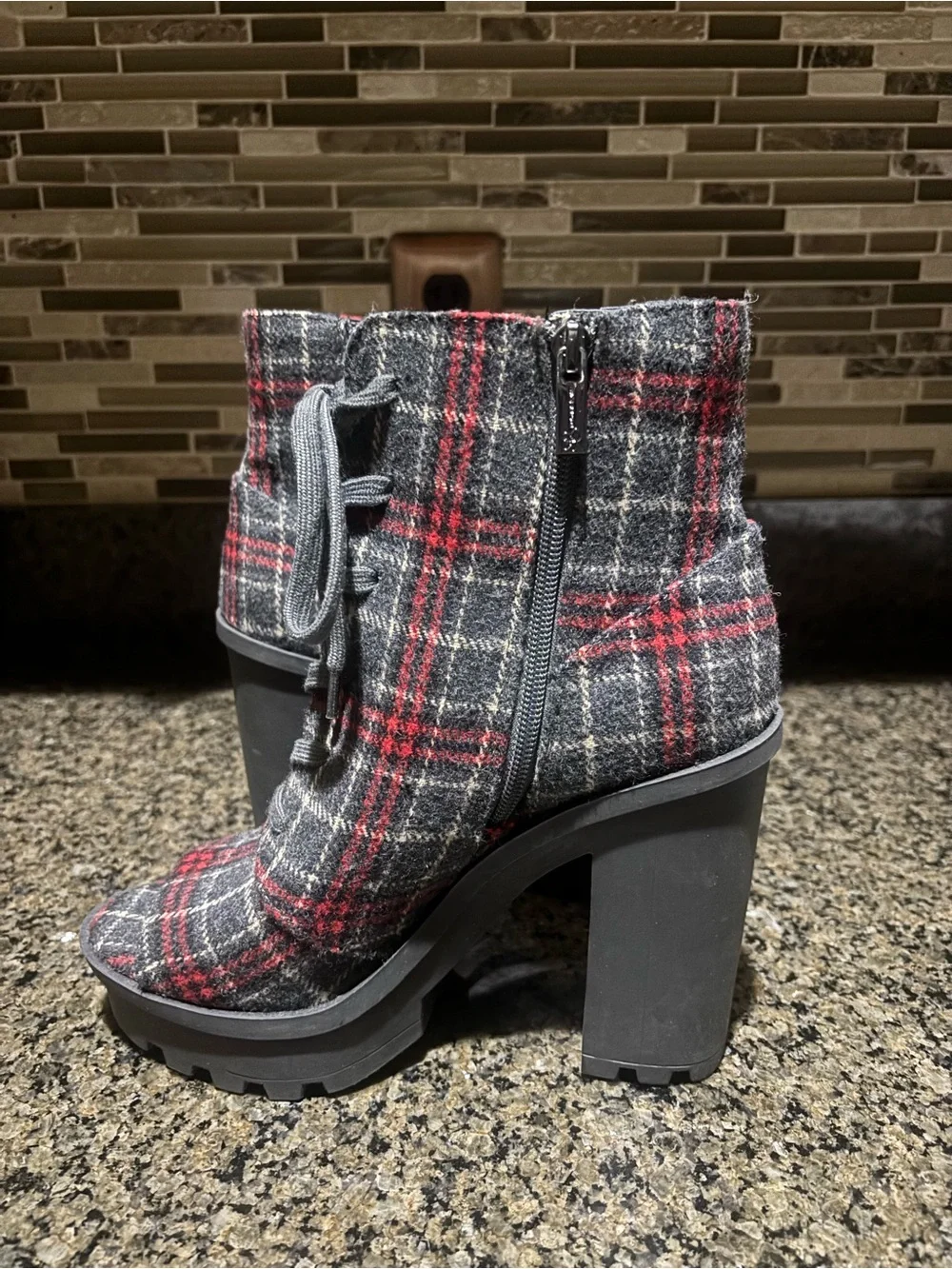 Jessica Simpson Plaid Lace-Up Chunky Heel Ankle Boots - Red & Gray